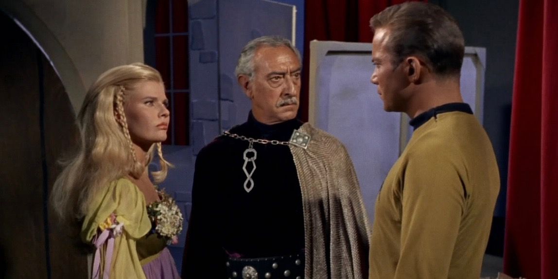 William Katner as Captain Kirk and Barbara Anderson as Lenore Karidian in Star Trek