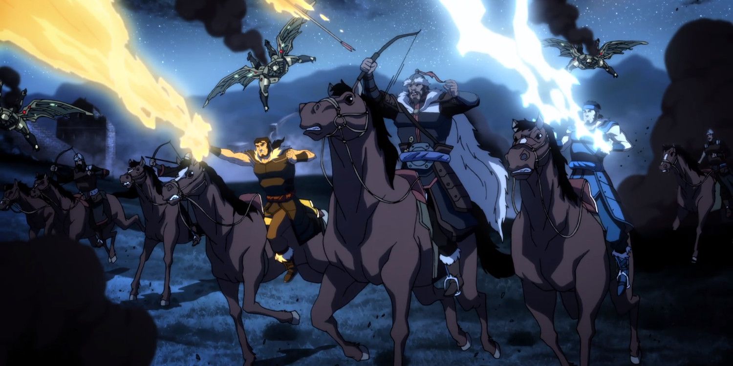 Young Justice Vandal Savage and his sons fight Apokolips in Mongolia