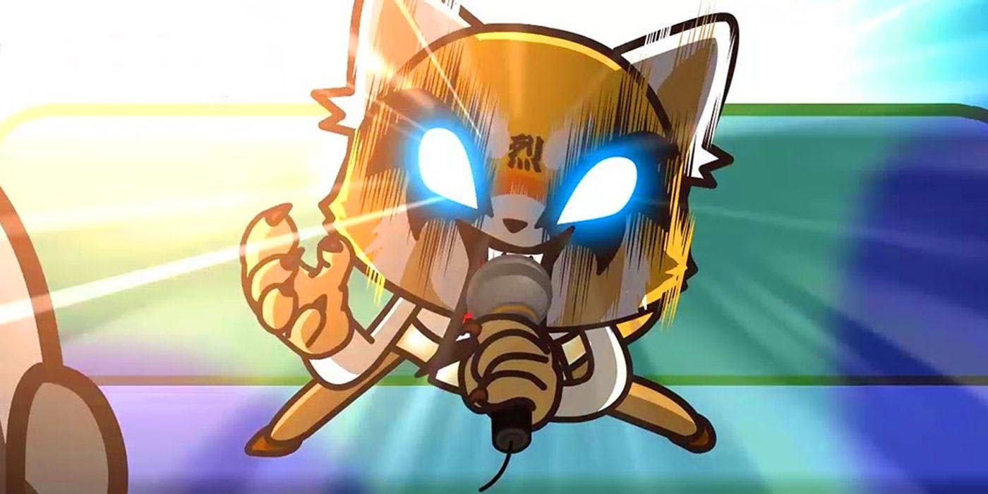 Retsuko singing death metal into a microphone with glowing blue eyes in Aggretsuko/Aggressive Retsuko.