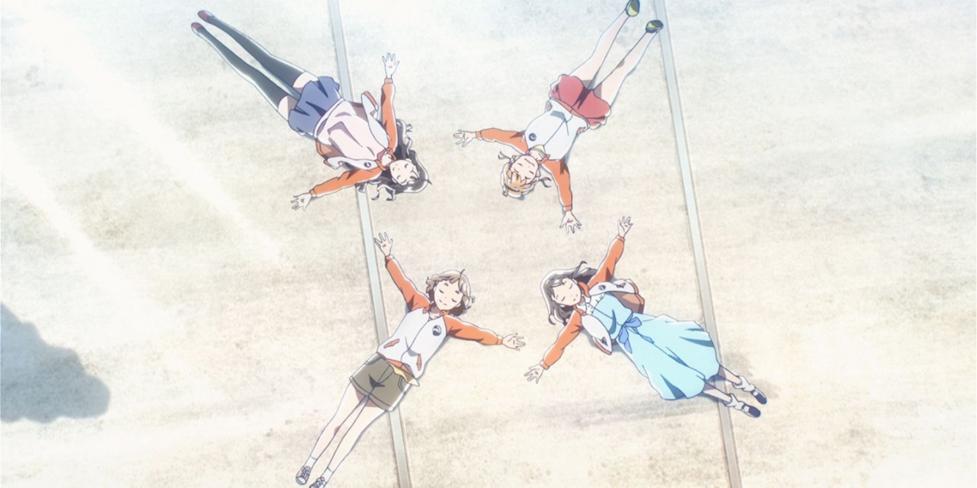 Shirase, Kimari, Hinata, and Yuzuki stretch out in a circle in A Place Further Than The Universe