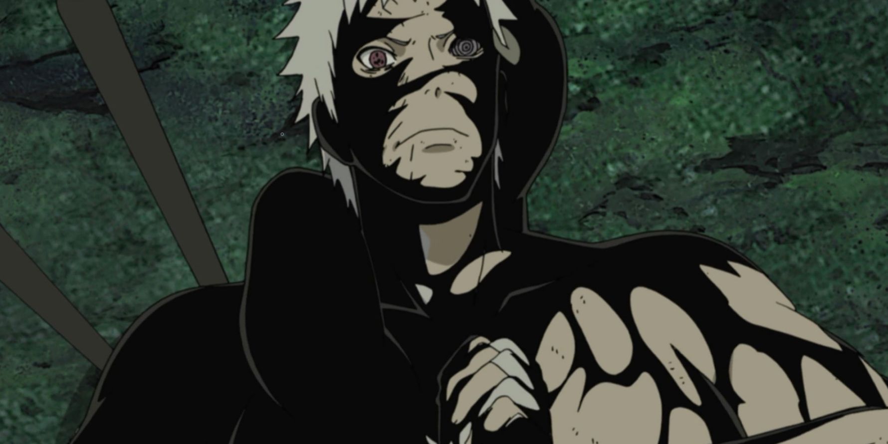 A close up of Black Zetsu against the rocks in Naruto Shippuden