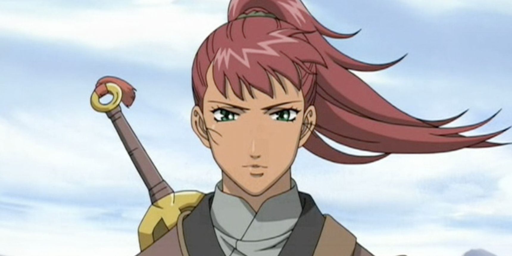A close up of Youko Nakajima with her sword strapped to her back in The Twelve Kingdoms