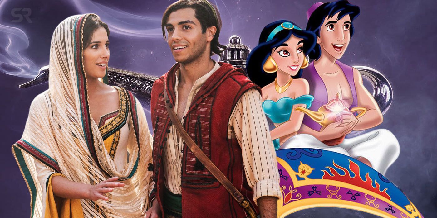 The live-action Jasmine and Aladdin composited over the cartoon versions as they fly over the city on the magic carpet in Aladdin.