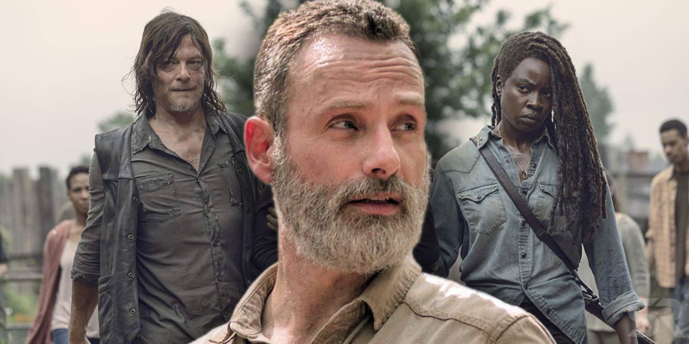 Andrew Lincoln as Rick Grimes with Daryl and Michonne in The Walking Dead