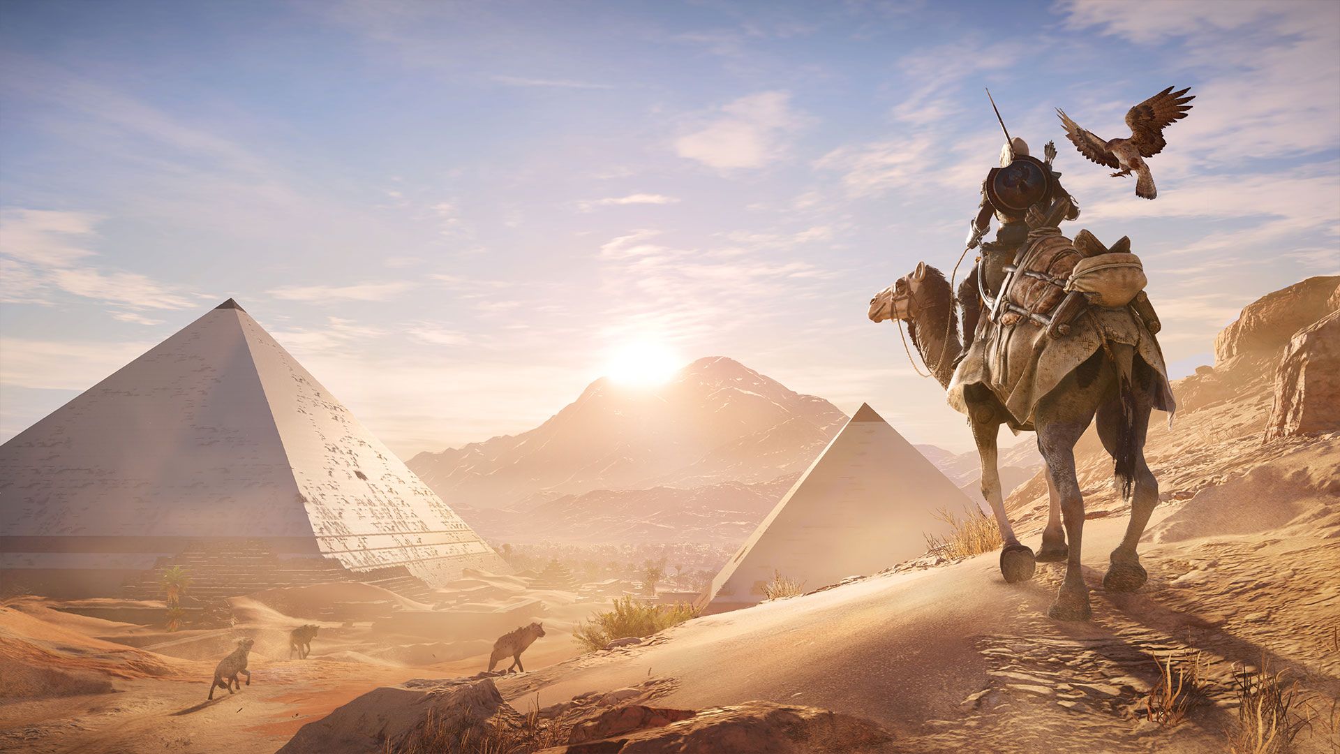 Bayek on a camel near the pyramids in Assassin's Creed Origins