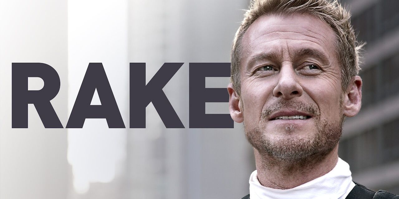 A blonde man on a banner for the show Rake