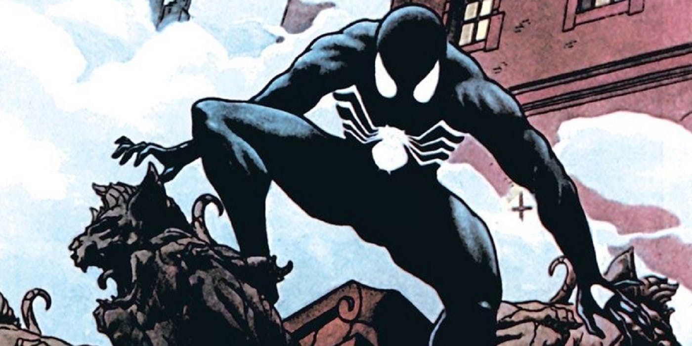 An image of Spider0Man in his Secret Wars Venom costume. 