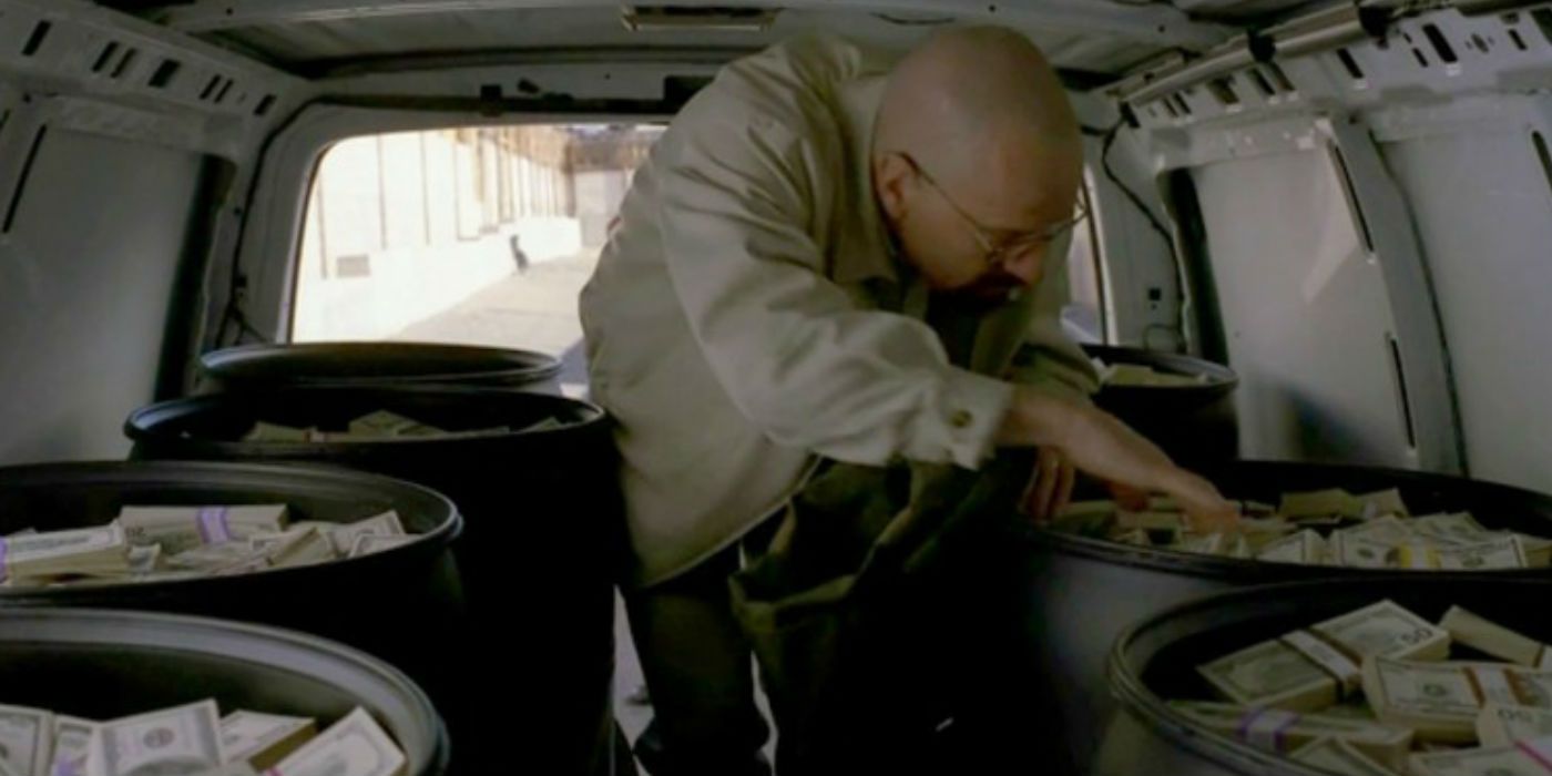 Bryan Cranston as Walter White in Breaking Bad with barrels of money