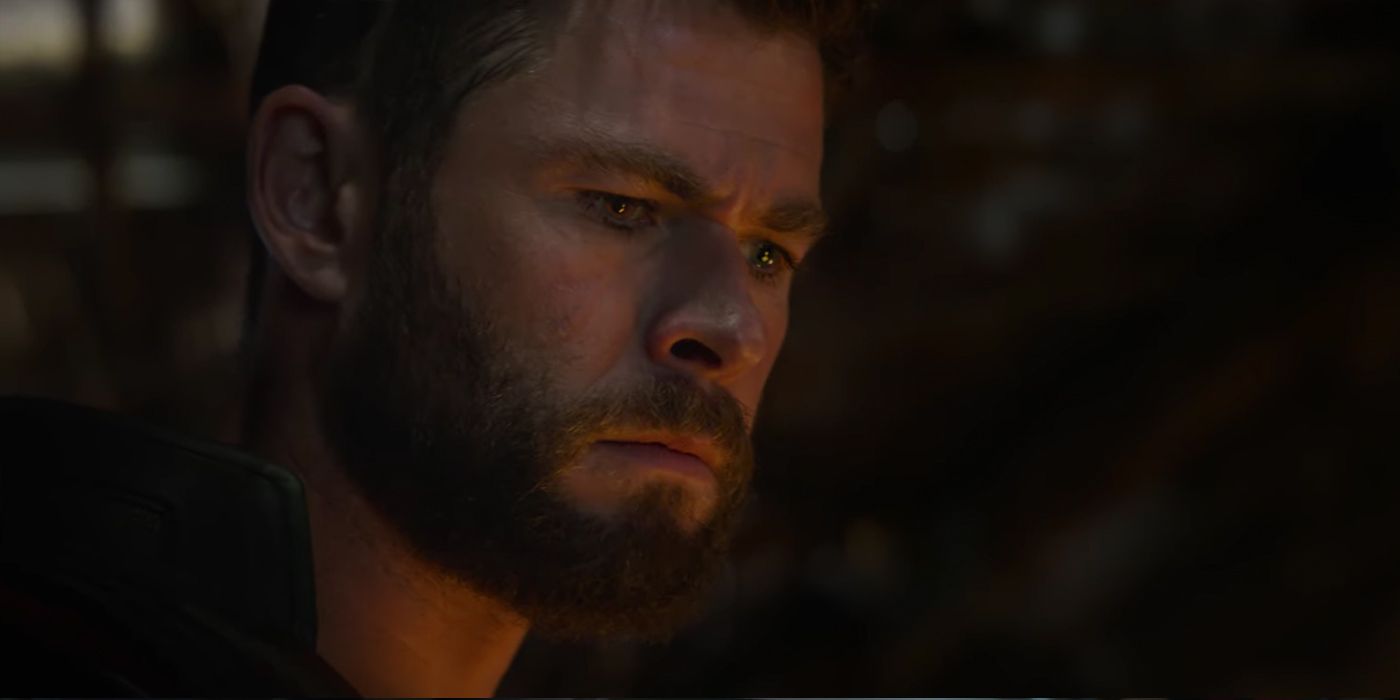 Close-up shot of Chris Hemsworth as Thor looking seriously into the distance in Avengers Endgame