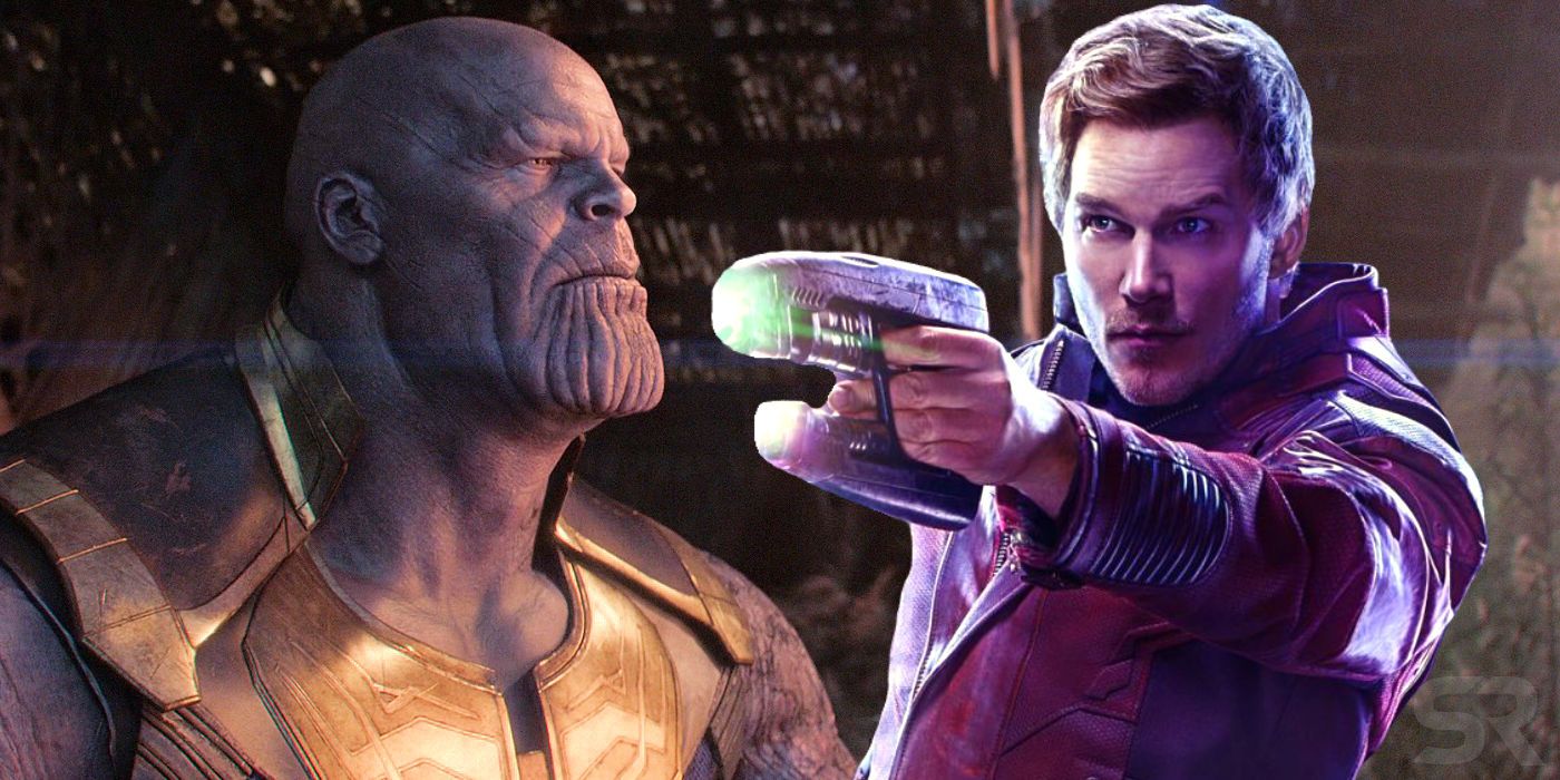 Peter Quill pointing his gun at Thanos
