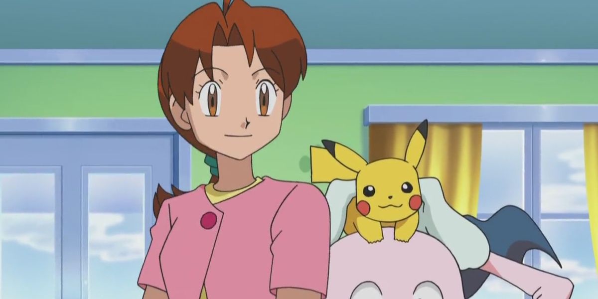 Delia Ketchum standing next to Pikachu and Mimey in the Pokémon anime