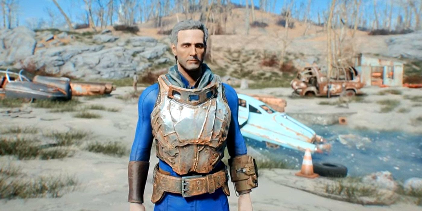 The Sole Survivor wearing the Apocalypse Armor chest piece in Fallout 4.