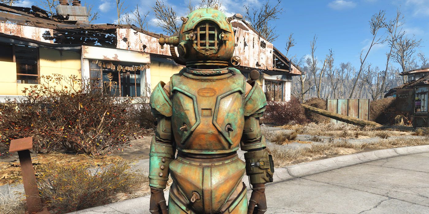 The Rescue Diver Suit armor set from Fallout 4, a half-oxidized copper old-school diving suit.