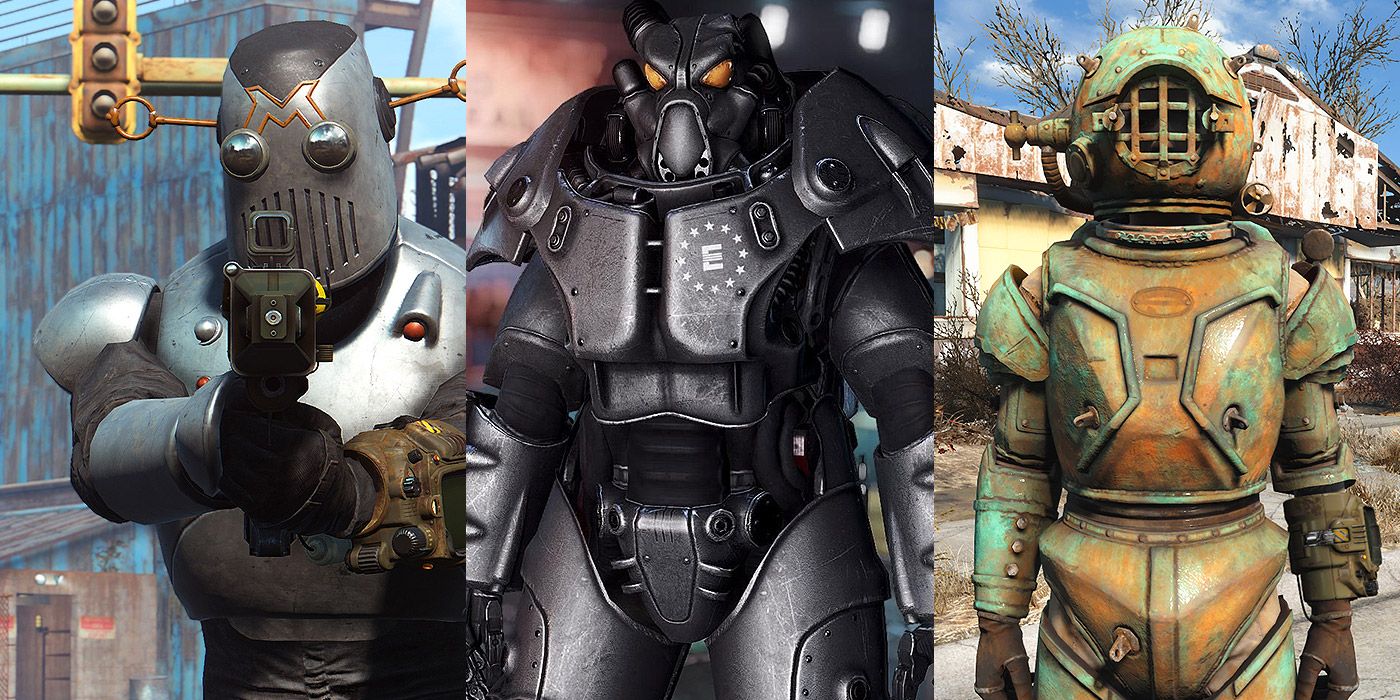 Split image of the Mechanist's Armor, Power Armor and Diver Suit from Fallout 4