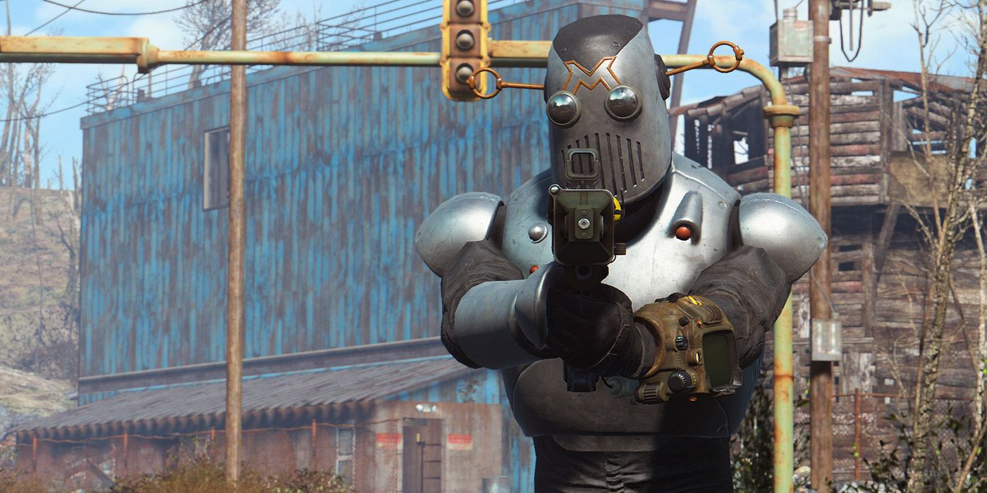 The Sole Survivor wearing the Mechanist's Armor and holding a laser pistol in Fallout 4.