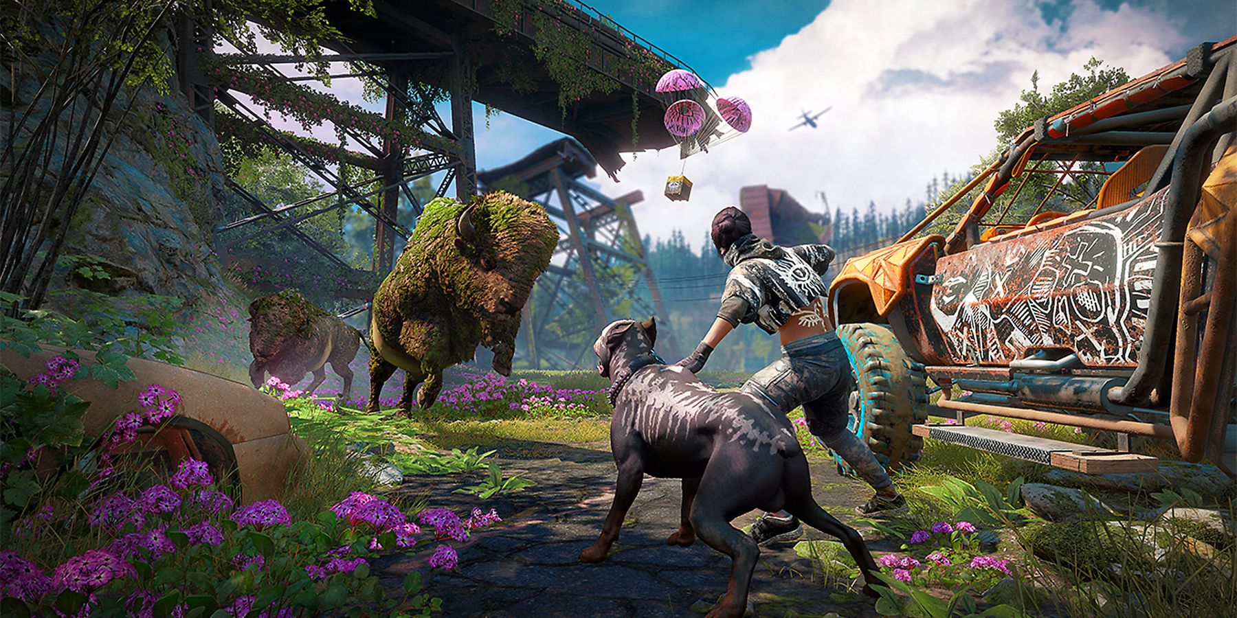 Far Cry New Dawn player running towards Monstrous Bison