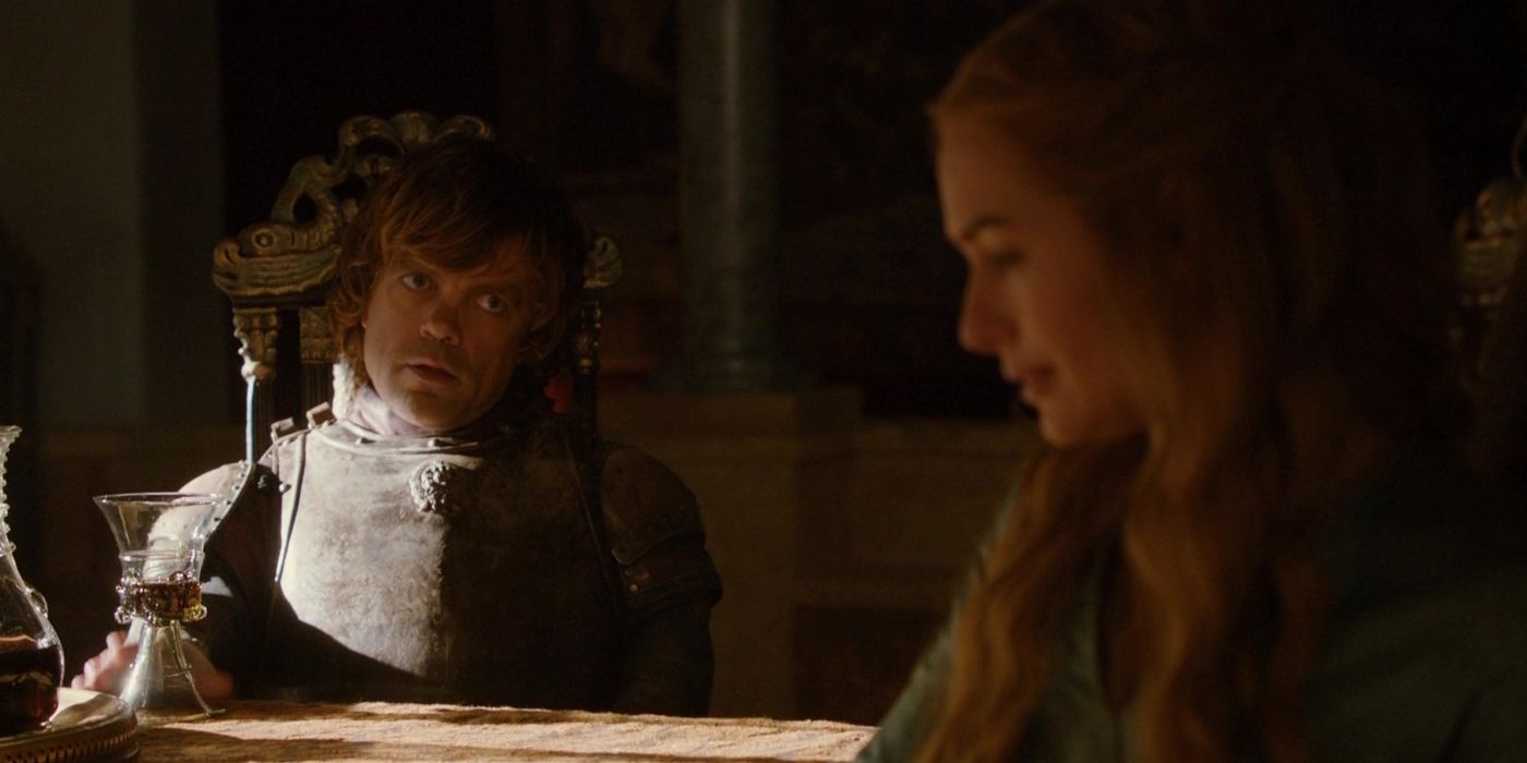 Tyrion staring at Cersei, looking annoyed, in Game of Thrones.