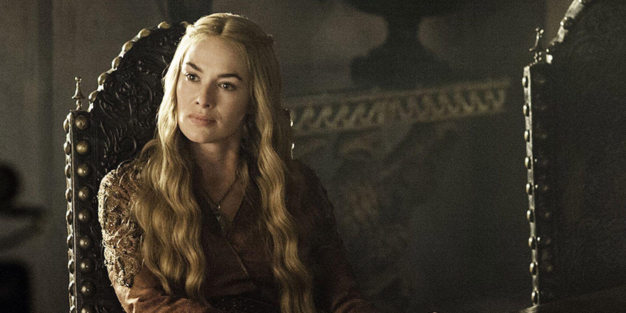 Cersei looking confused at someone off-camera in Game of Thrones.
