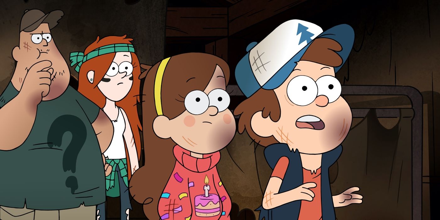 Dipper and Mabel looking shocked while their two friends are behind them in Gravity Falls