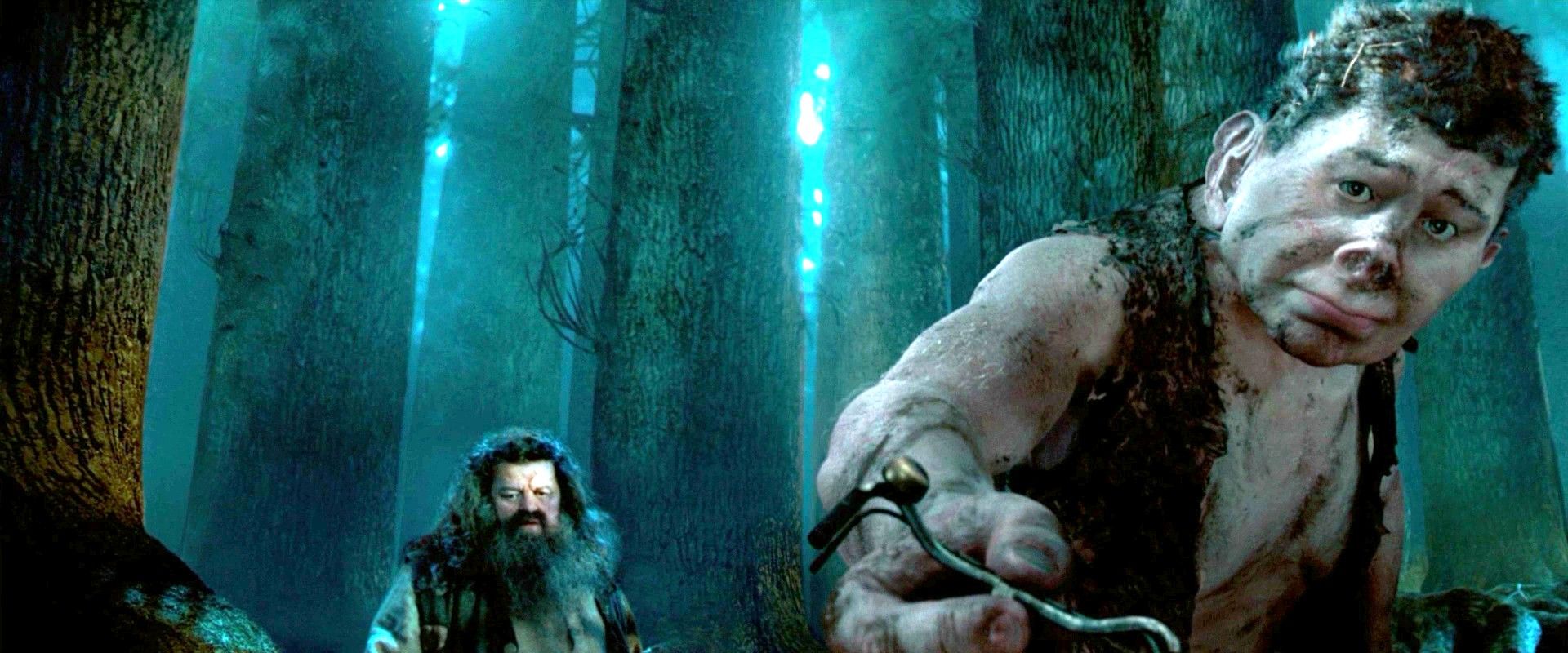 Hagrid standing besides his giant brother Grawp