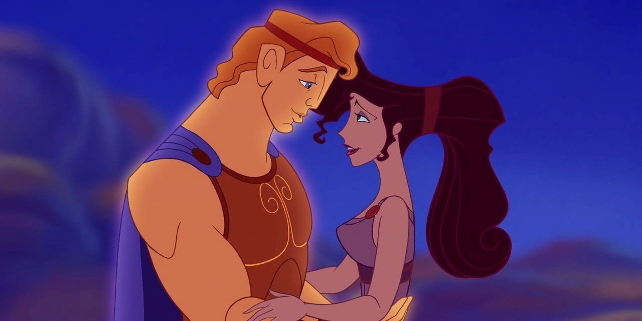 Hércules e Meg se abraçam no filme de animação da Disney