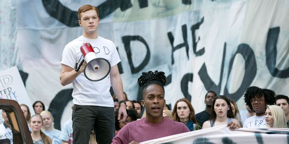 Ian at a protest in Shameless