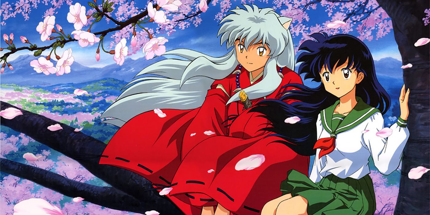 Inuyasha and Kagome sitting in a tree in Inuyasha key art.