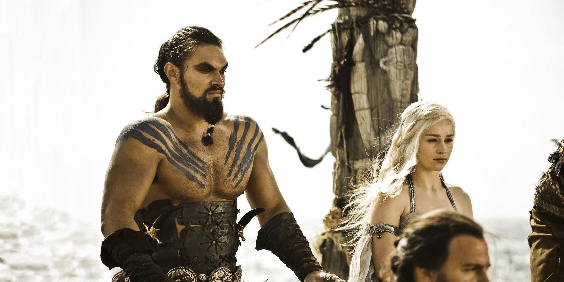 Jason Momoa as Khal Drogo and Emilia Clarke as Daenerys Targaryen in Game Of Thrones