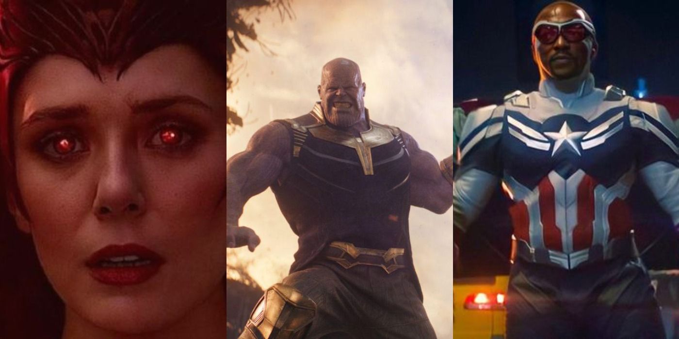 Split image of Scarlet Witch with Thanos on Titan and Sam Wilson Captain America