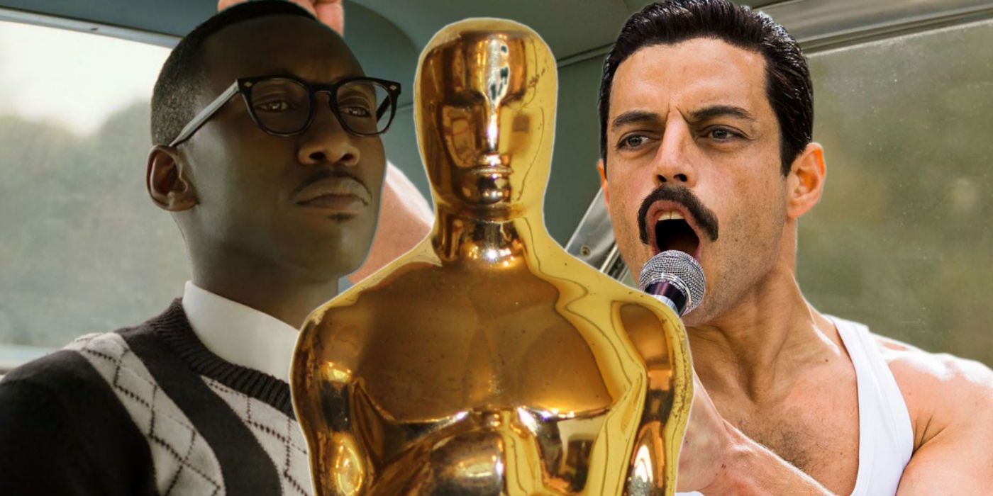 Mahershala Ali in Green Book with Rami Malek in Bohemian Rhapsody and Oscar Statue