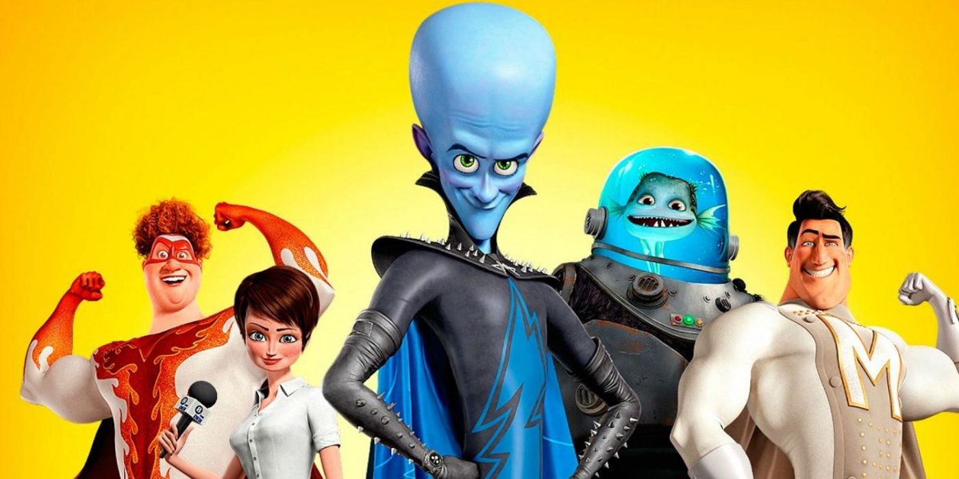 Megamind with the cast behind him
