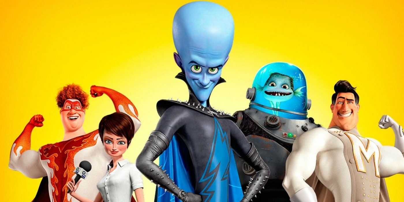 Megamind com o elenco atrás dele