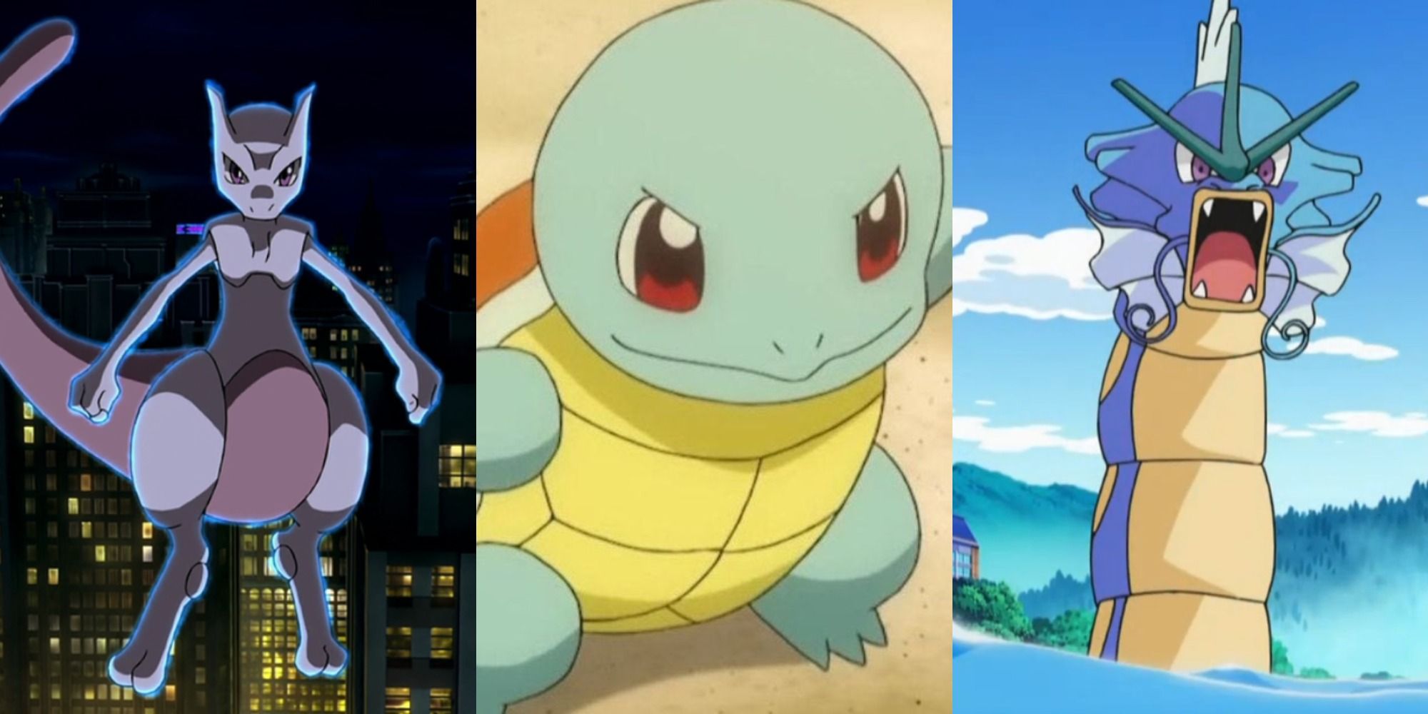 A split image of Mewtwo, Squirtle, and Gyarados