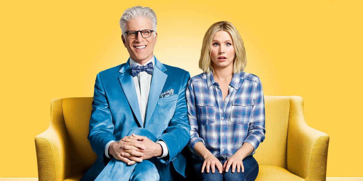 Michael and Eleanor sitting on a couch in The Good Place.