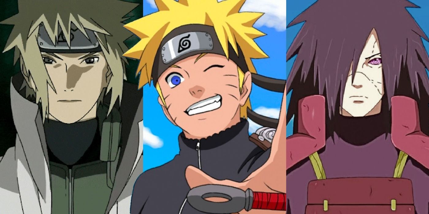 A split image depicts Minato, Naruto, and Madara in Naruto Shippuden
