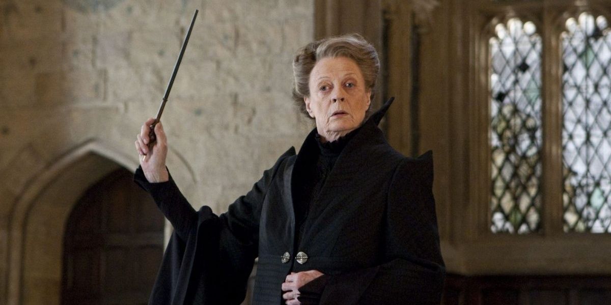 Minerva McGonagall holding a wand in Harry Potter