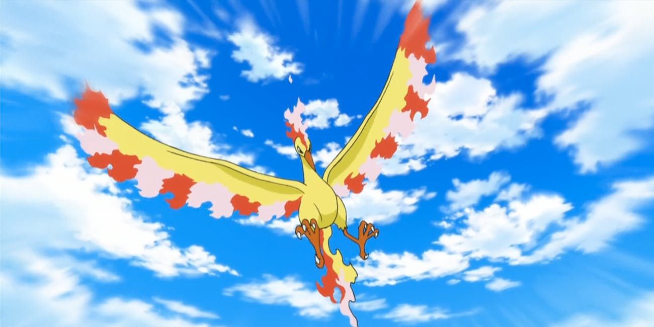 Moltres flies in the Pokemon anime