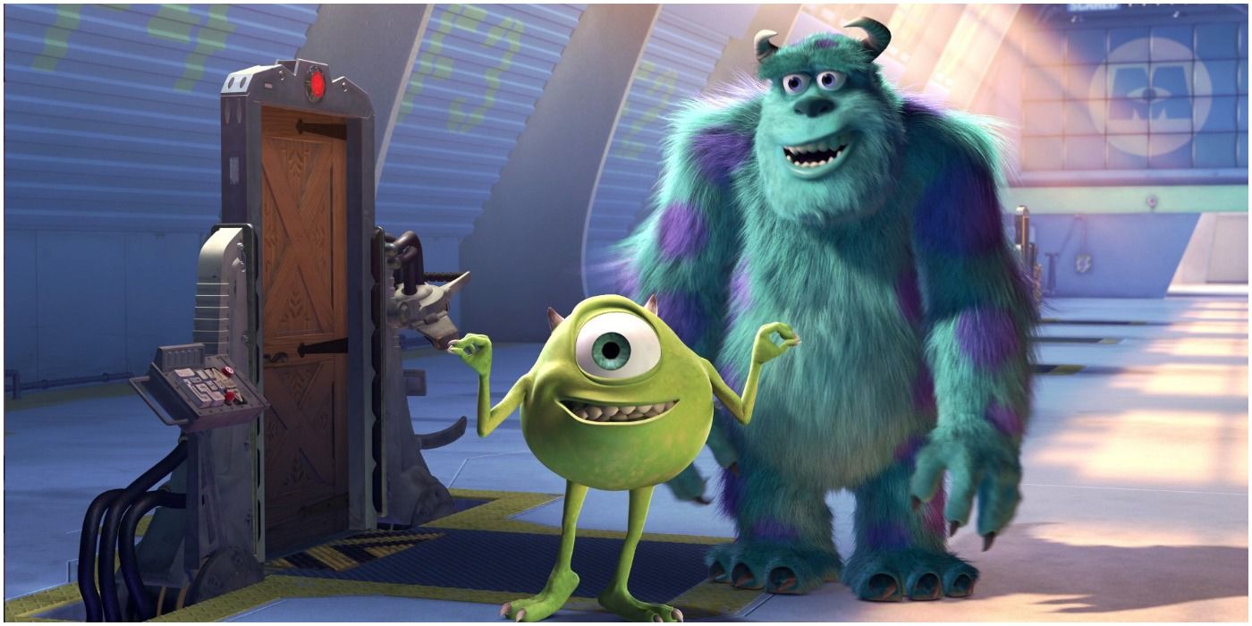 Mike and Sully stand by a door in Pixar's Monsters, Inc.