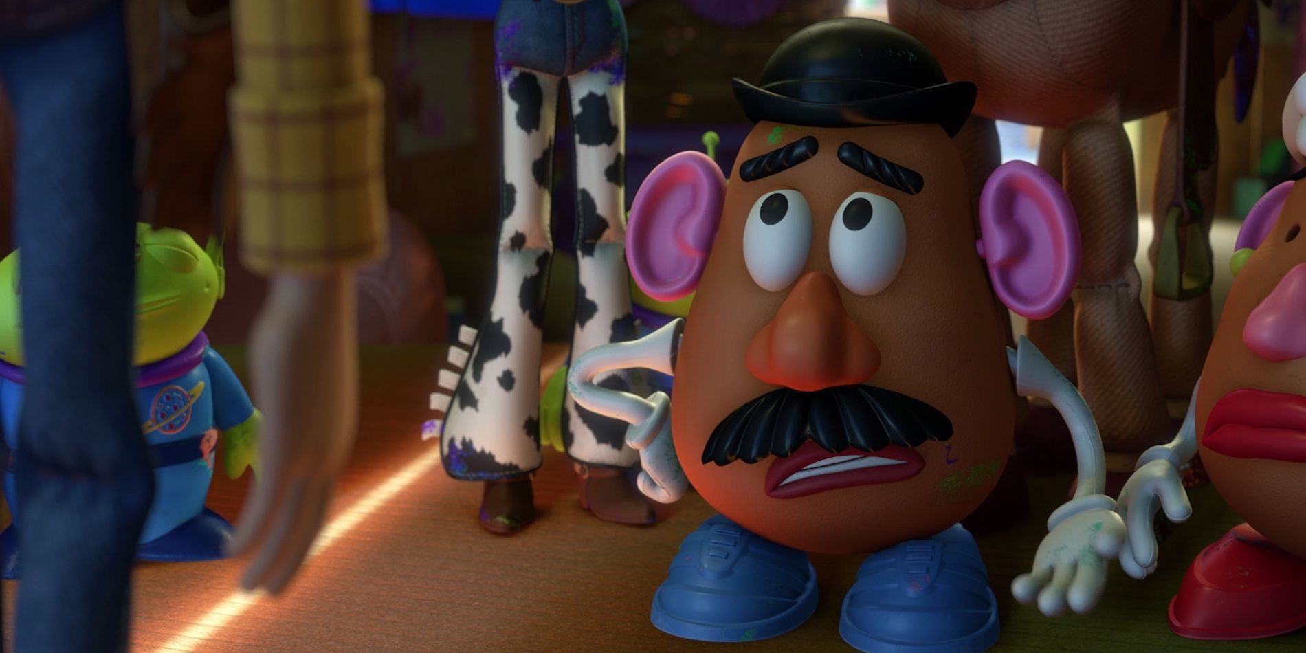 Mr. Potato Head in Toy Story looking worried and talking.