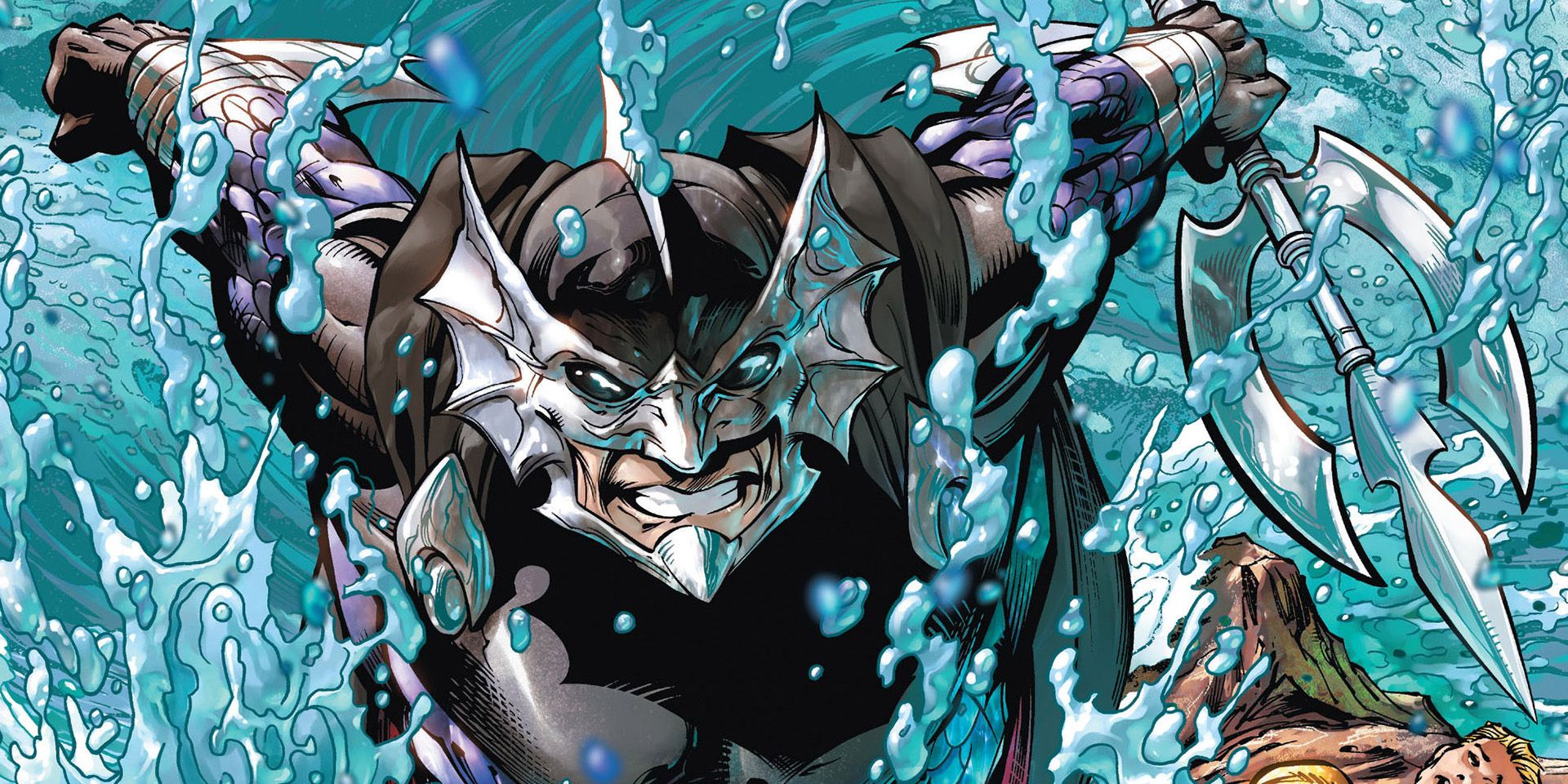 Ocean Master swimming in water and holding a spear in the comics