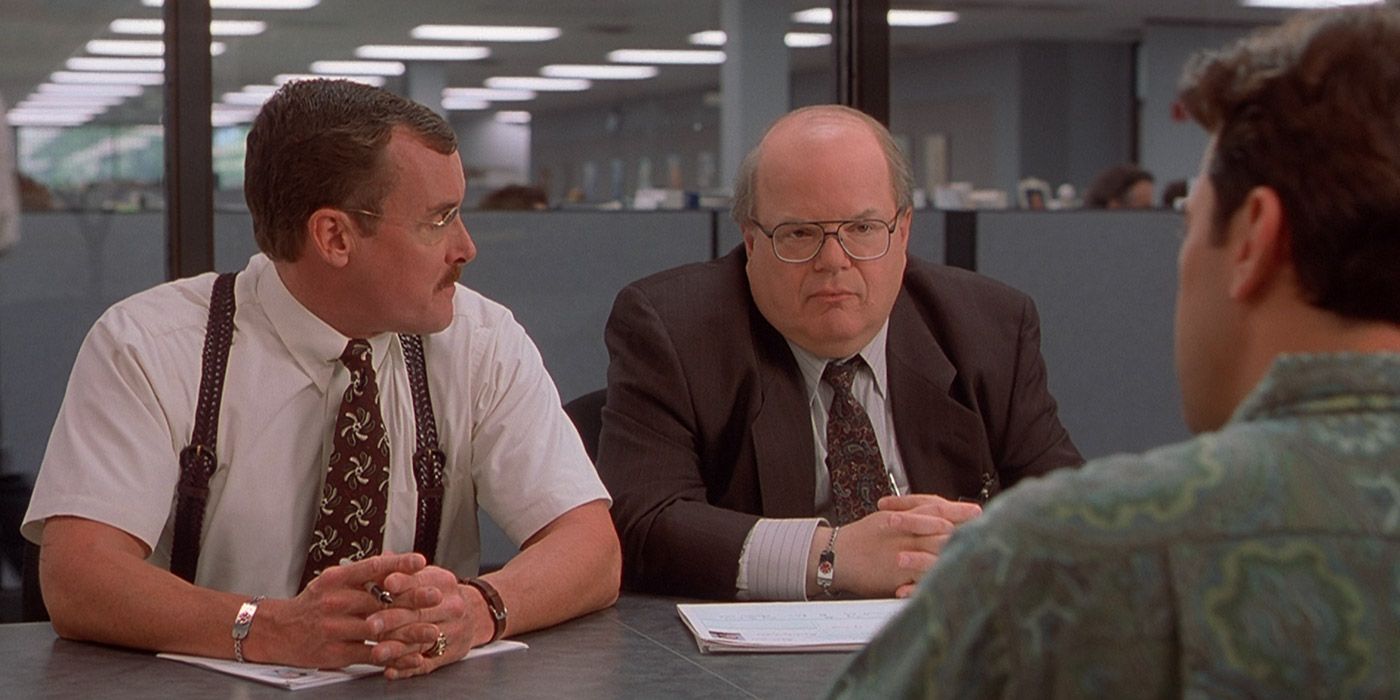 Peter asks about firings in Office Space.