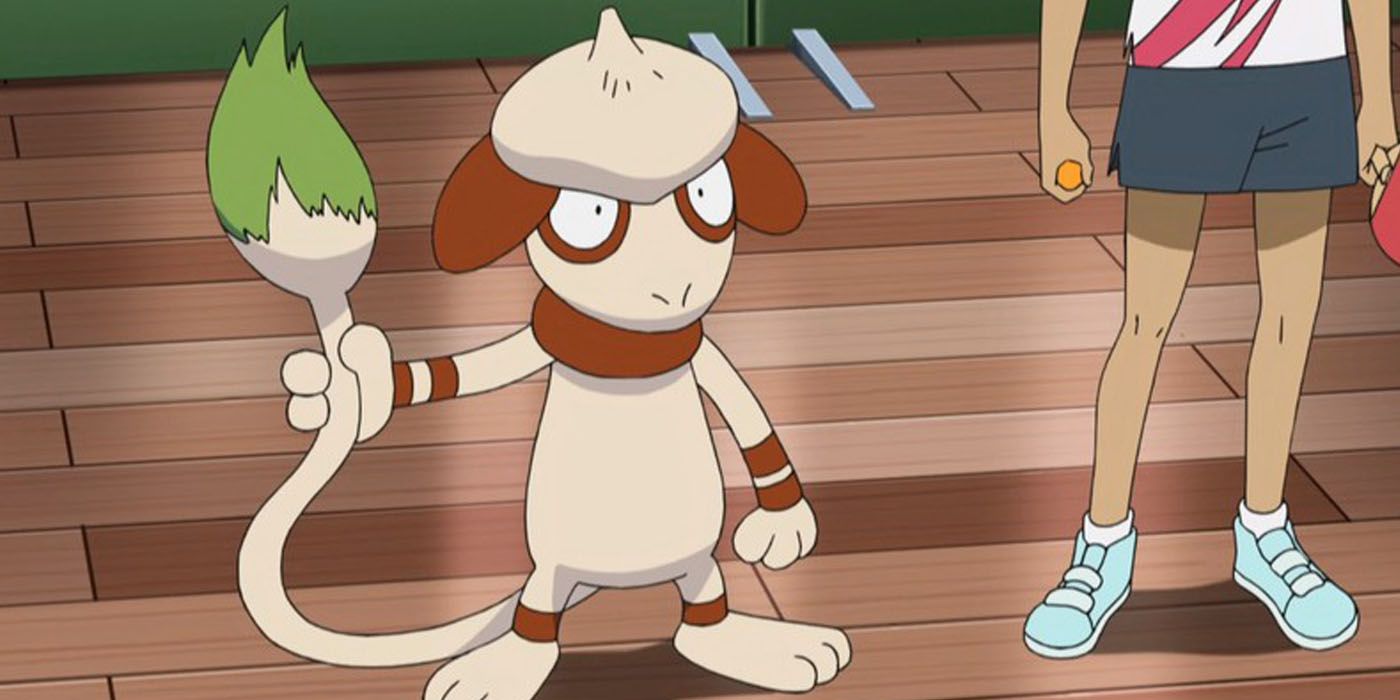 Smeargle in the Pokémon anime holding its tail