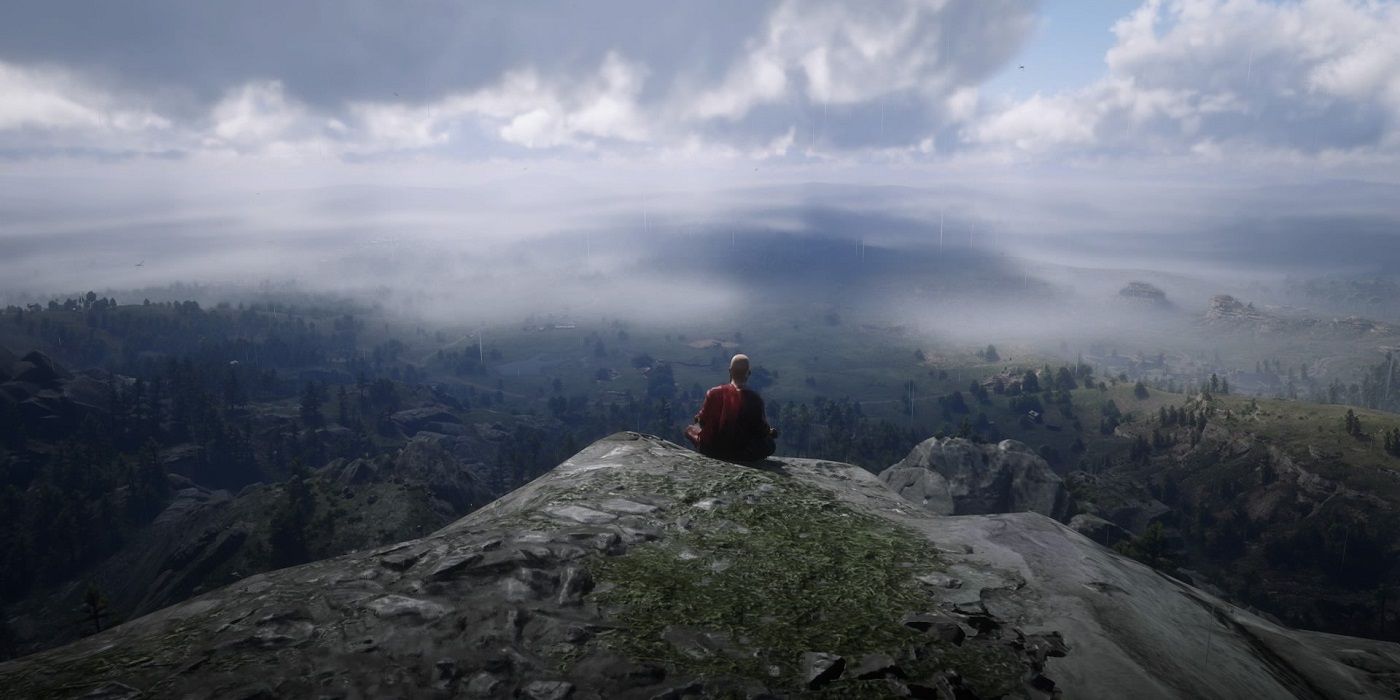 A meditating Monk on a cliff in Red Dead Redemption 2.