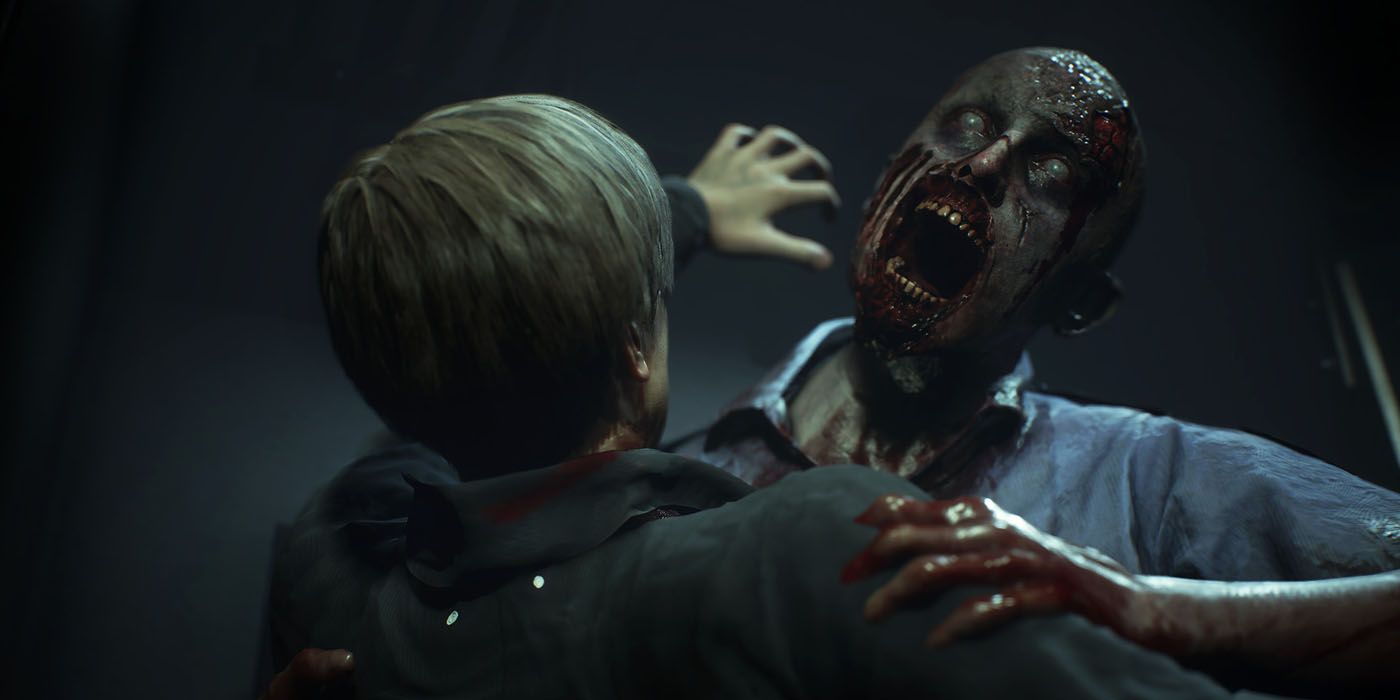 A zombie tries to bite a man's neck in Resident Evil 2.