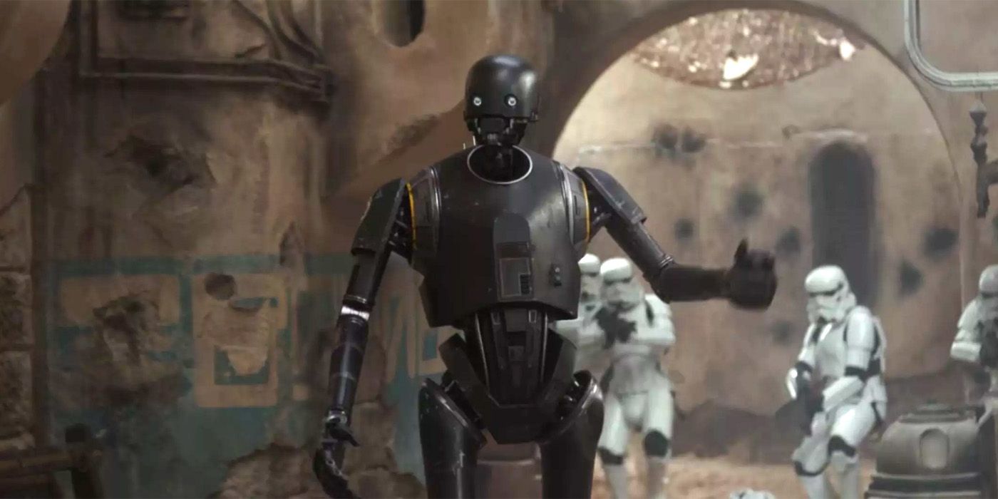 K2-SO confronts stormtroopers in Rogue One.