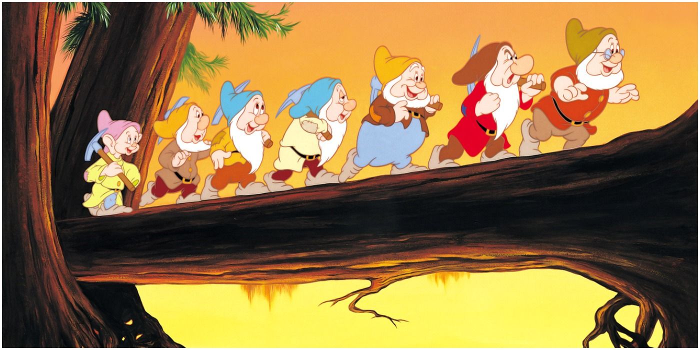 The Seven Dwarfs in Snow White marching home