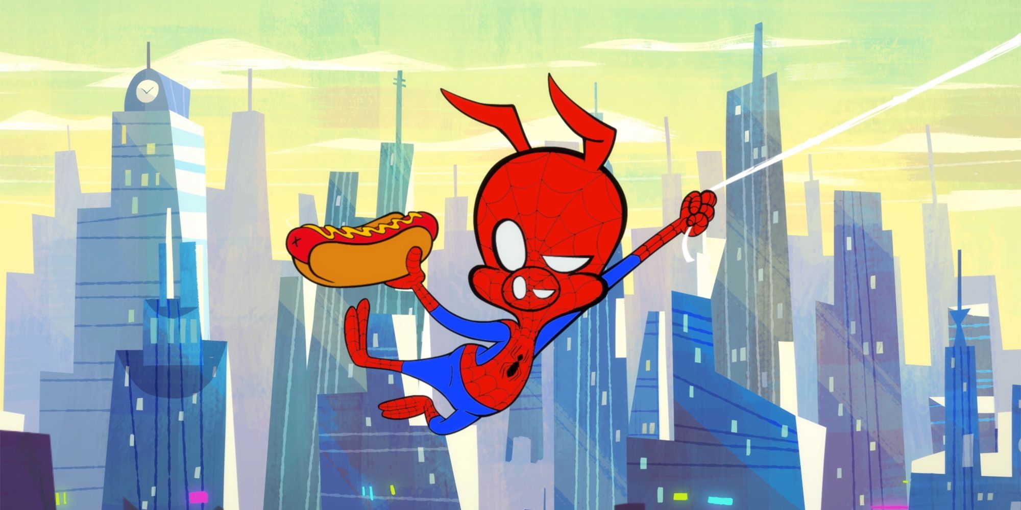 Spider-Ham web slings with a hot dog