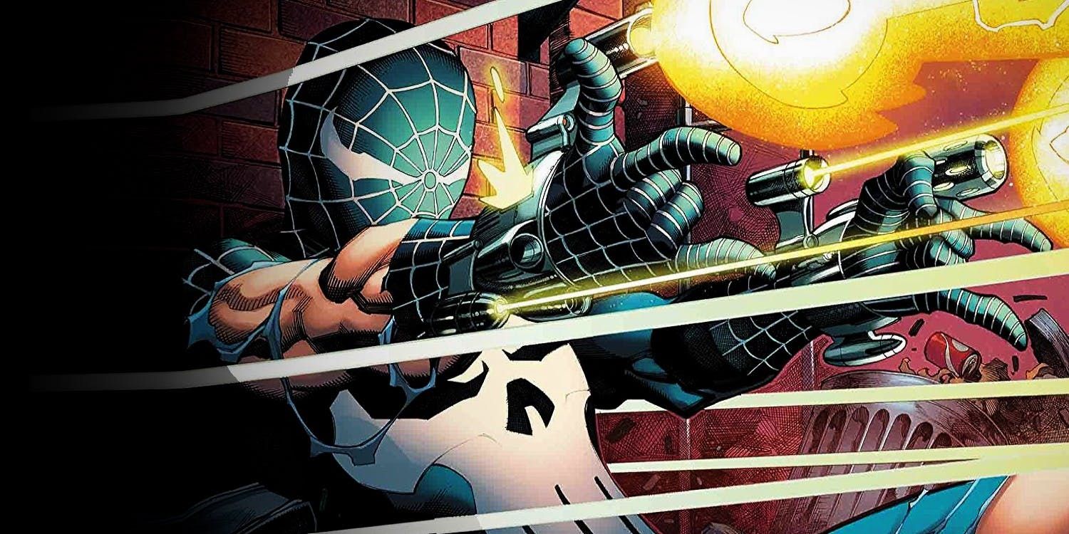 Peter Parker fires guns as the Spider-Punisher in Marvel Comics.