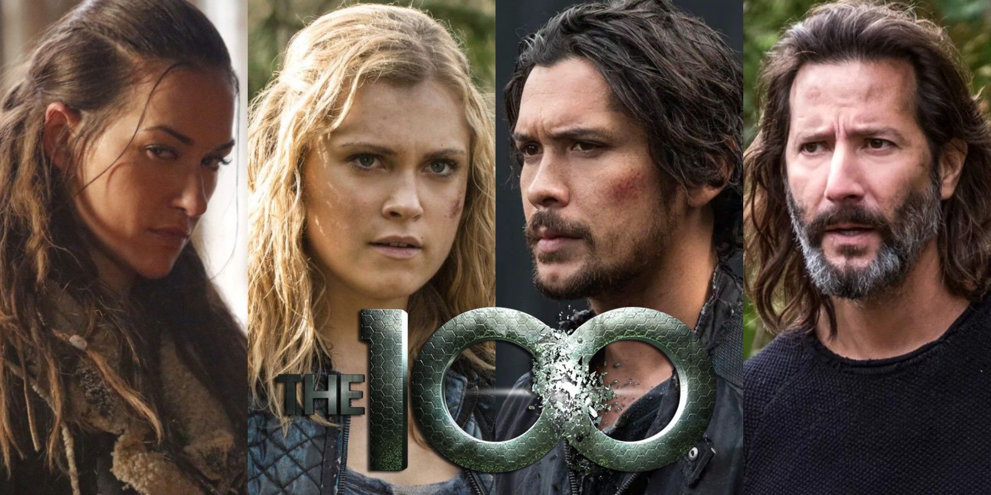 Split image of Echo, Clarke, Bellamy and Marcus on The 100 with the show&#8217;s logo on top