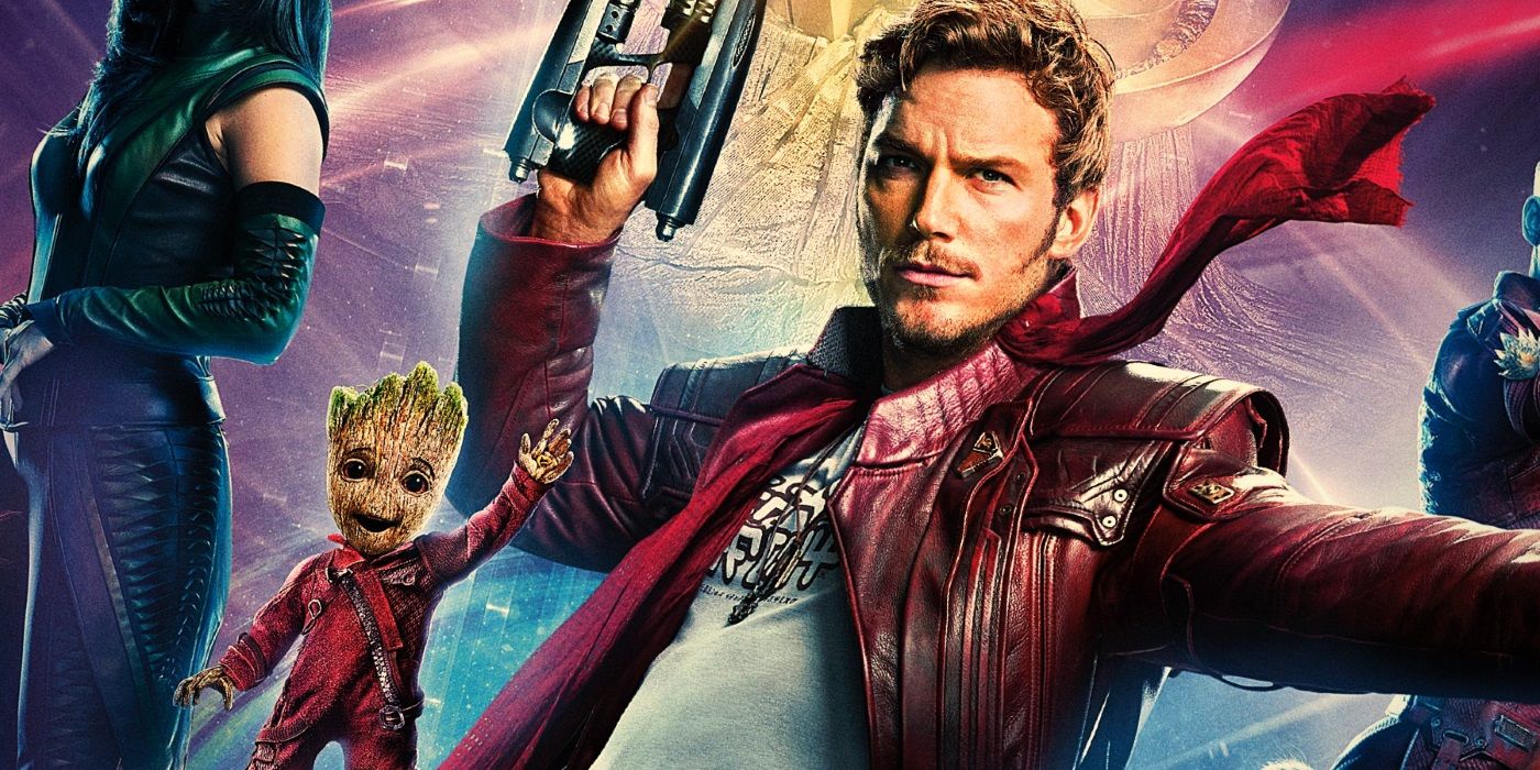 Star Lord posing with Baby Groot in Guardians of the Galaxy.